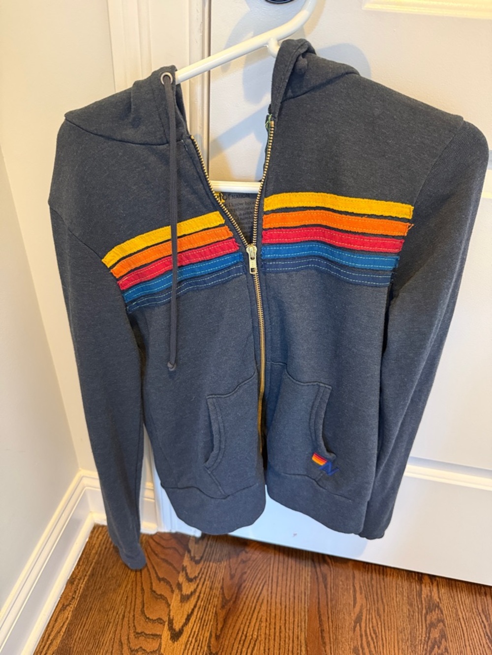 Aviator Nation Charcoal Hoodie with Yellow, Orange, Red & Blue Stripes